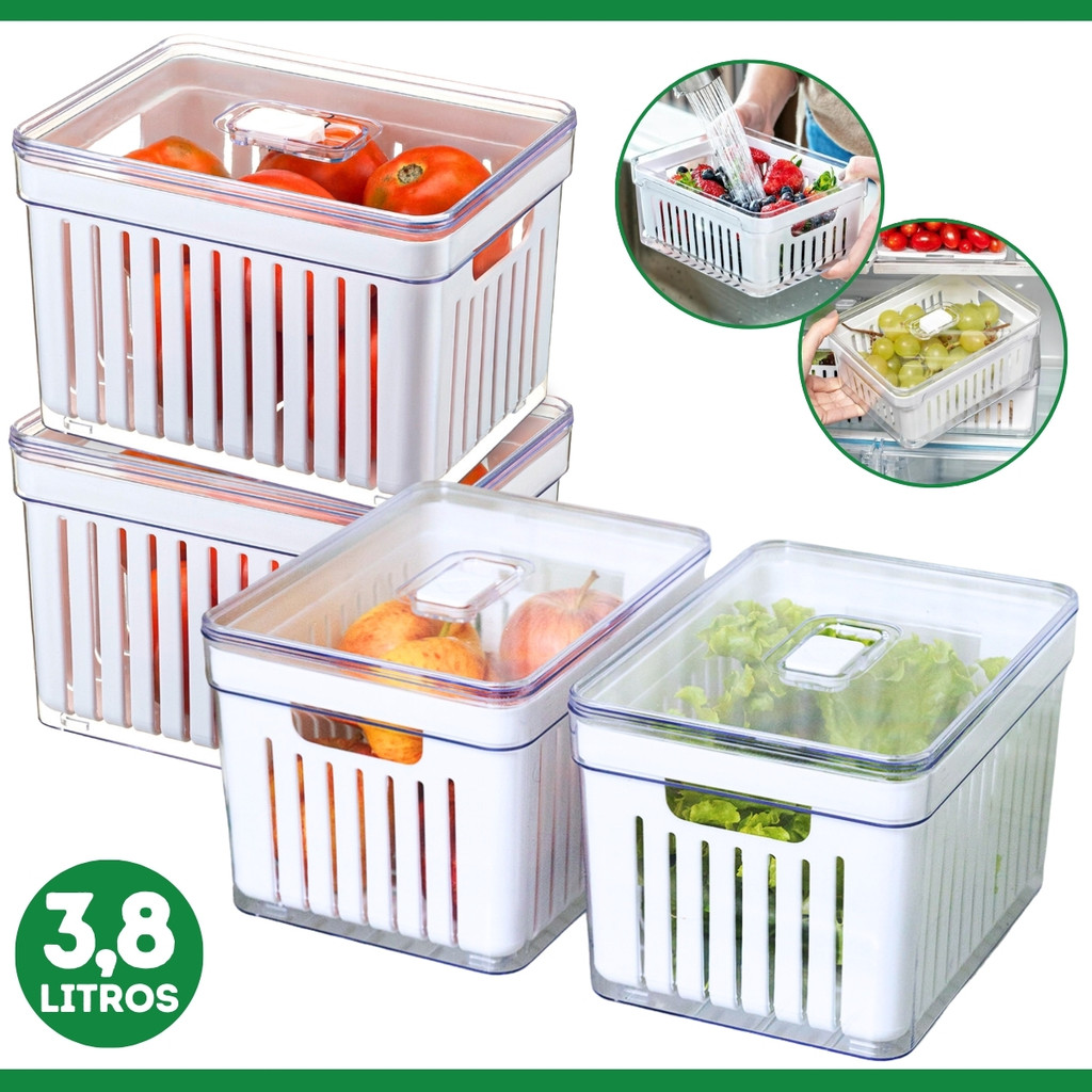 Organizador de Geladeira 3,8 Litros Cesto Com Tampa Multiuso Alimentos Verduras ou Vegetais