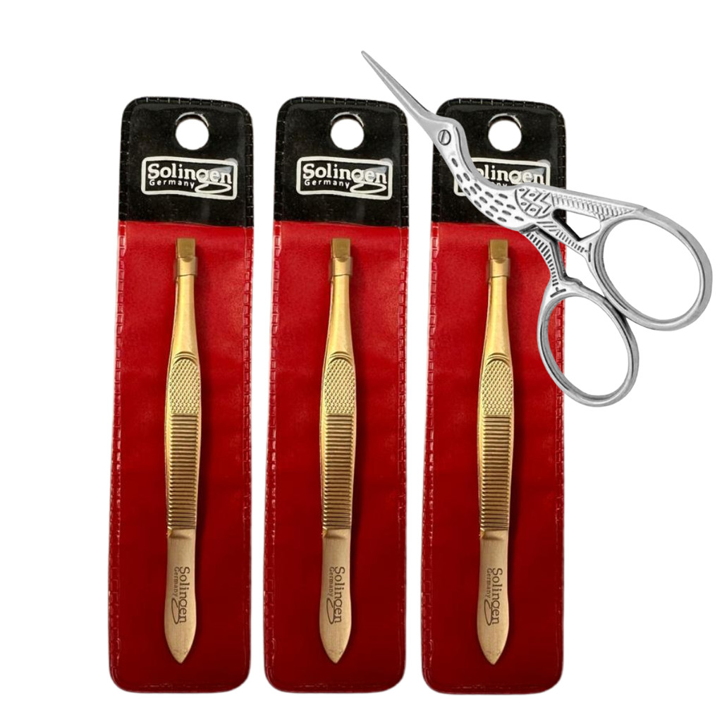 Kit 3 Pinça Solingen Reta Risca Fosca Design Sobrancellha + Tesourinha Garça Prata