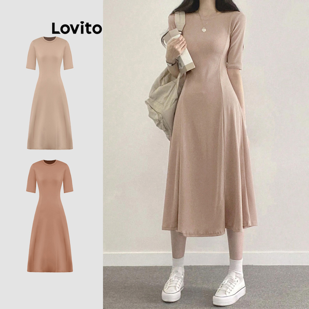 Lovito Vestido casual liso de textura delicada, macio e confortável para mulheres L89MD012(Multicolorido) - Women Clothes