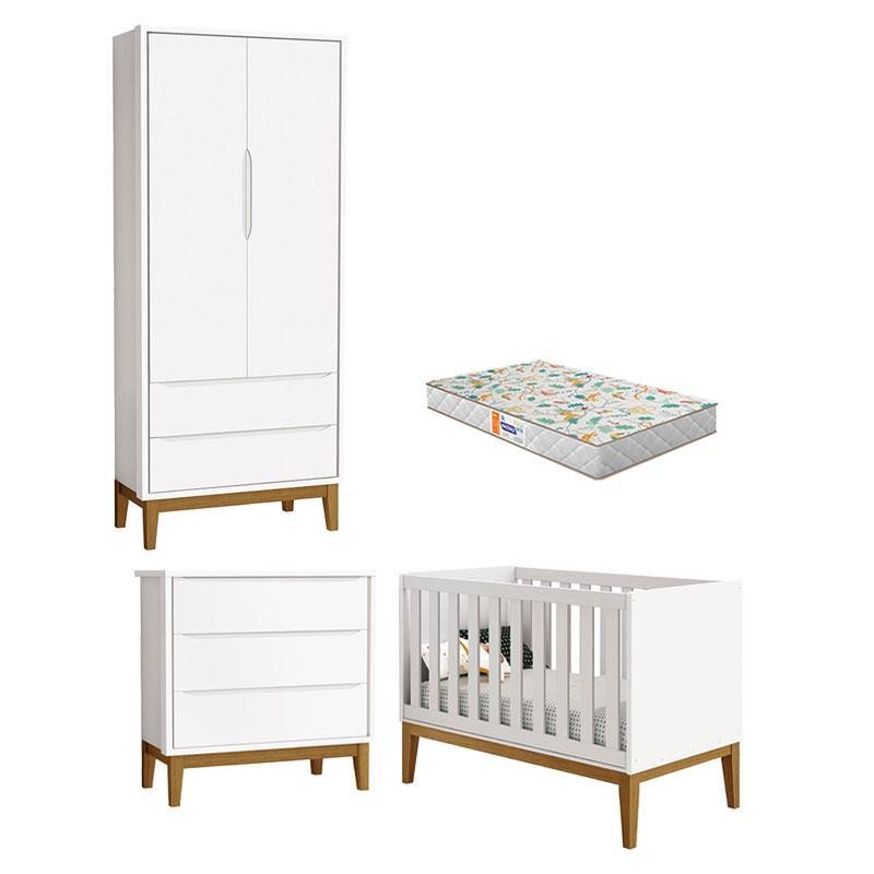 Quarto de Bebê 2 Portas e Cômoda Gaveteiro New Classic Branco com Pés Madeira e Colchão Gazin – Reller