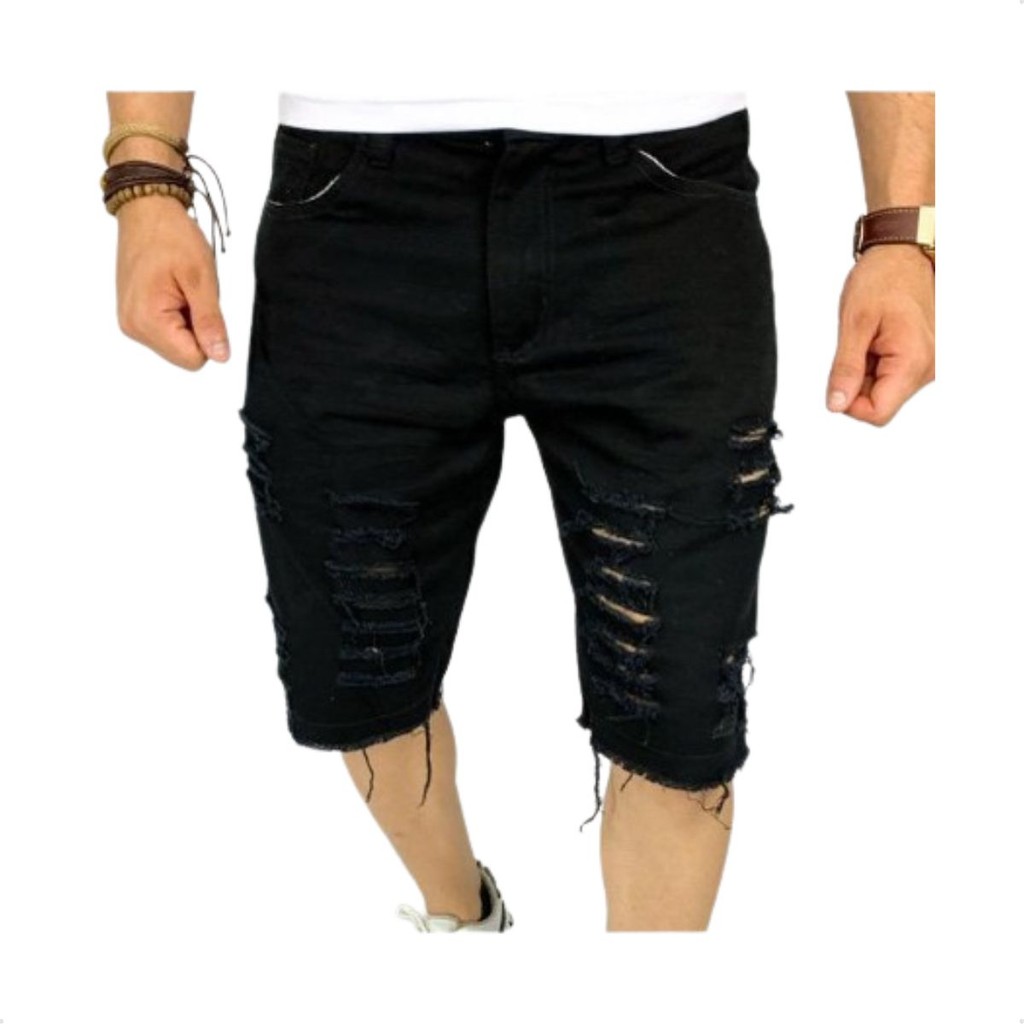 Bermuda Jeans Masculina Rasgada Sarja Destroyed Desfiada Preta Enviamos Hoje Mesmo