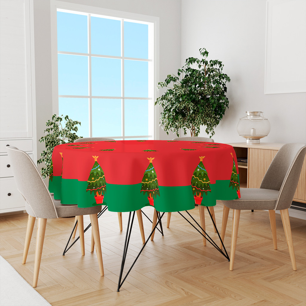 Toalha De Mesa Redonda Decoração Natalina em Tecido Oxford Árvore De Natal TL03 -140x140cm