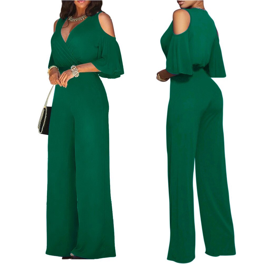 Macacão Feminino De Mangas Curtas Com Decote Em V Verde