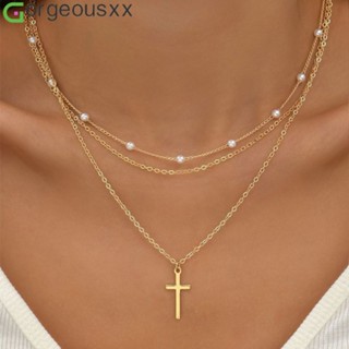Cadeias De Clavícula Temperamento Multicamadas Para Mulheres Colares De Pérolas Cross Pendant Acessórios Festa De Jóias