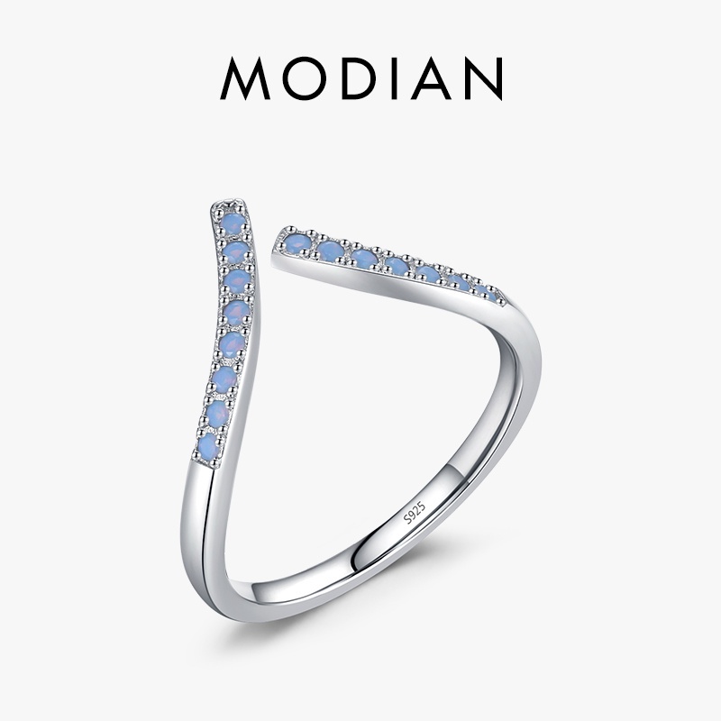 Modian 925 Prata Esterlina Simples Geométrico Azul Opala Anel Ajustável Para Mulheres Pavimentar Configuração Requintado