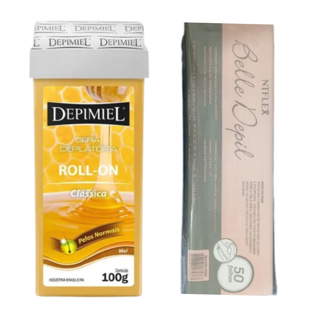 Kit Cera Quente Depimiel Roll-On Mel 100g + Lenço Depilatório 50 unidades