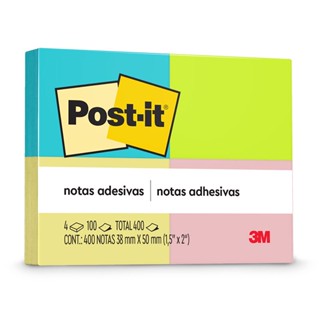 Bloco de notas adesivas Post-it 4 cores neon 4 blocos de 38x50mm 400 folhas 3M