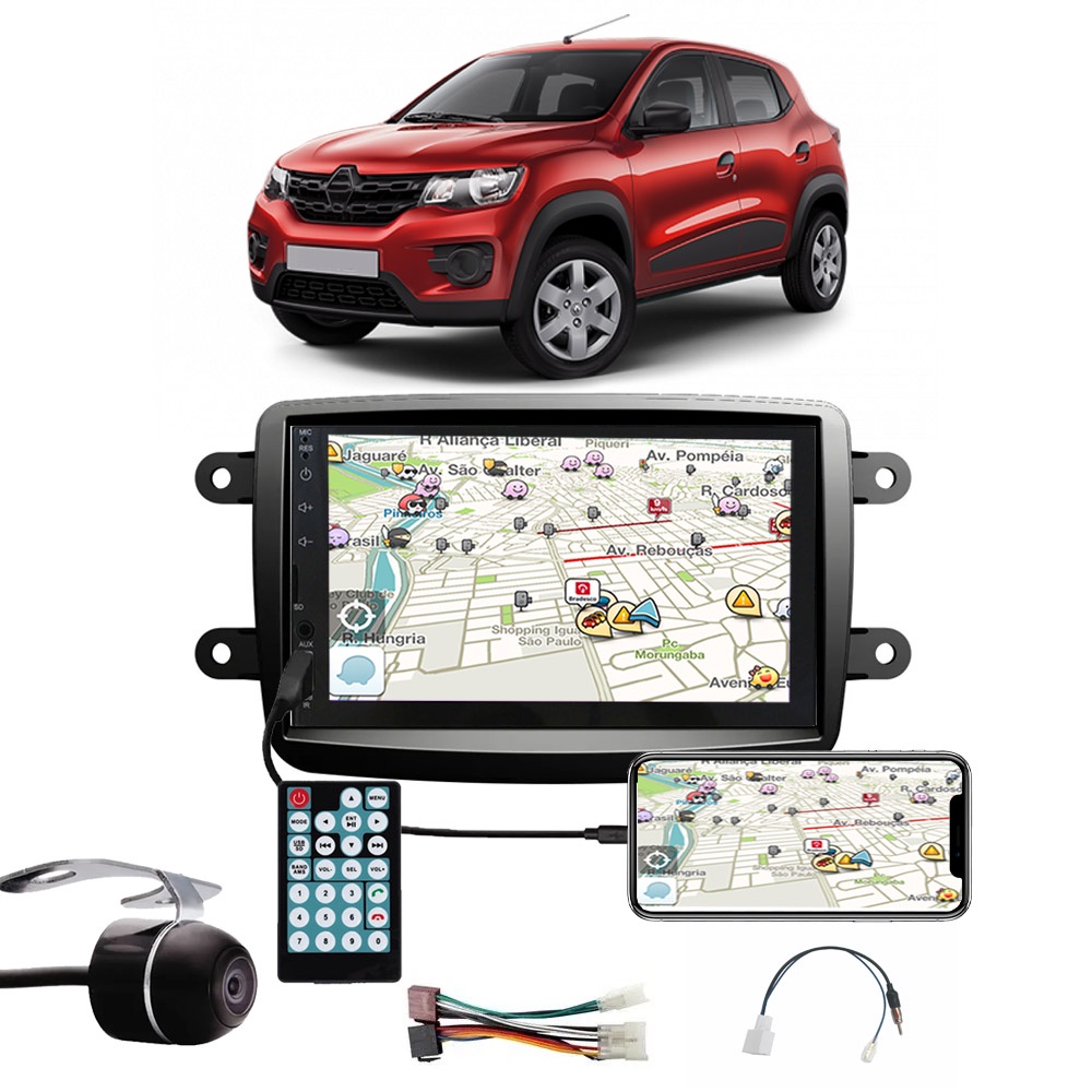 Multimídia Renault Kwid Espelhamento Bluetooth USB SD Card + Moldura + Câmera Borboleta + Adaptador de Antena + Chicotes