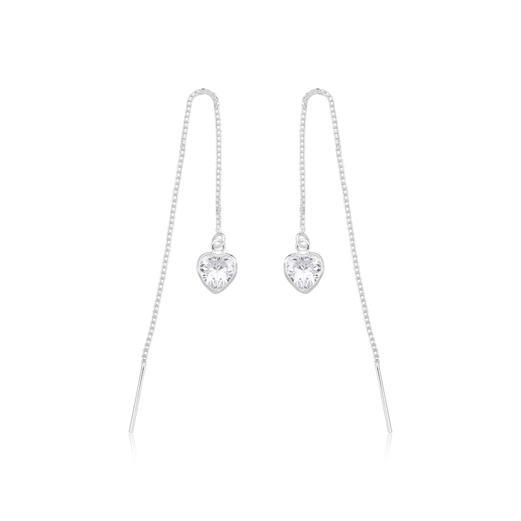 Brinco Fio Passante Coração Cristal Pendente Prata 925