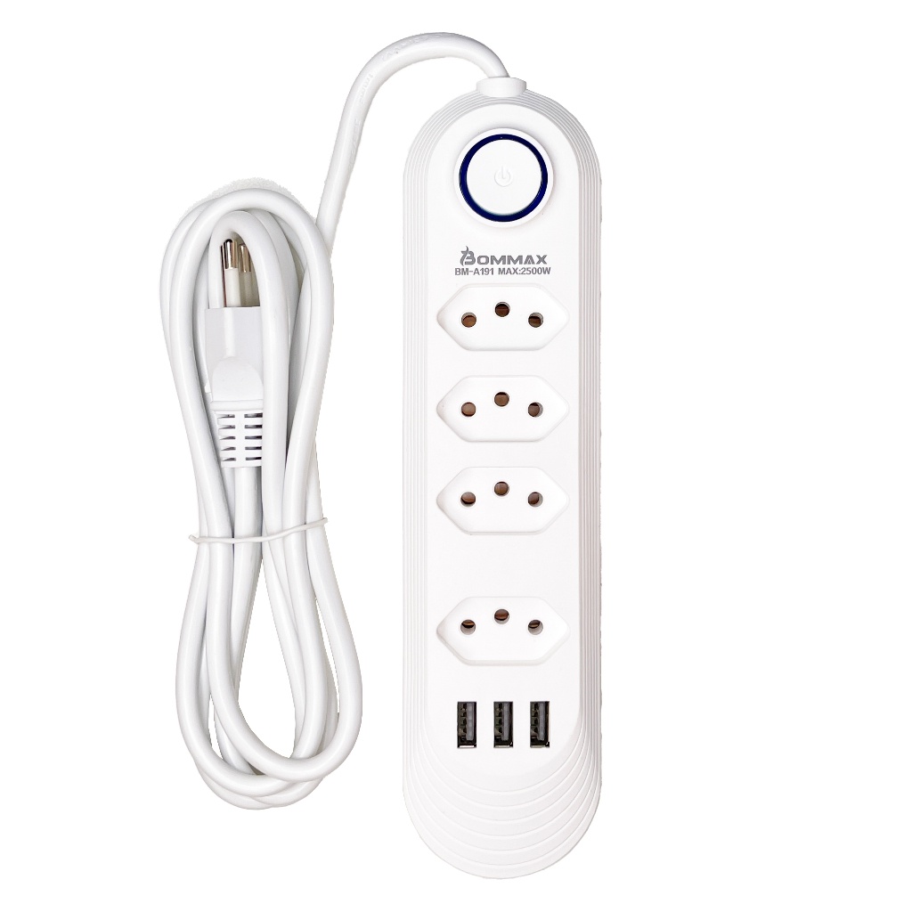 Extensão Elétrica 2m Com 4 Tomadas e 3 Entradas USB com Botão Power Socket - A191