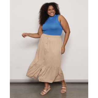 Saia Plus Size Feminina Três Marias Com Botão Decorativo Bege