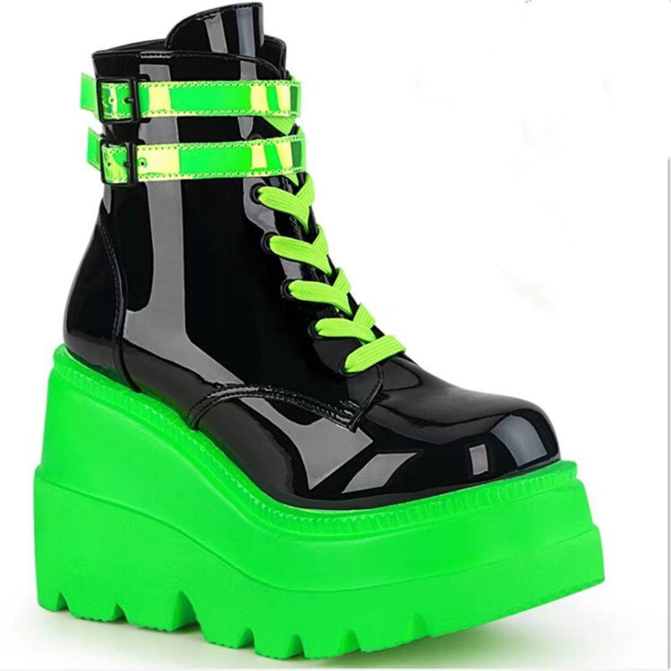 Botas de couro verdes plataforma feminina punk Ankle botas falsas fundo grosso moda