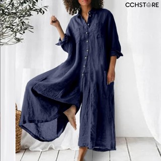 CH-Women Jumpsuit Spring Summer Turndown Colarinho De Verão Linho De Algodão Pernas Largas E Respiráveis Casual Romper Longo Desgaste Diário