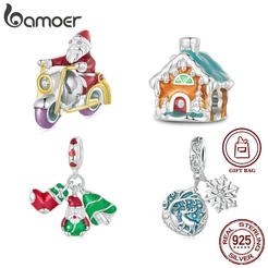Bamoer 925 Sterling Sliver Encanta Natal Luminoso Papai Noel Casa Árvore De Renas Brilhantes Na Coleção Pingentes Noturnos Para Pulseiras DIY