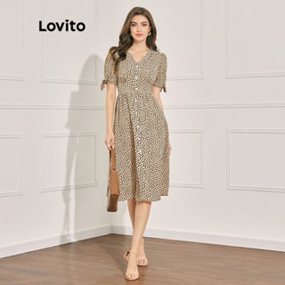 Lovito Elegante Vestido De Bolinhas Com Botão Frontal Espartilho Laço Para Mulheres L47LD037 (Damasco)