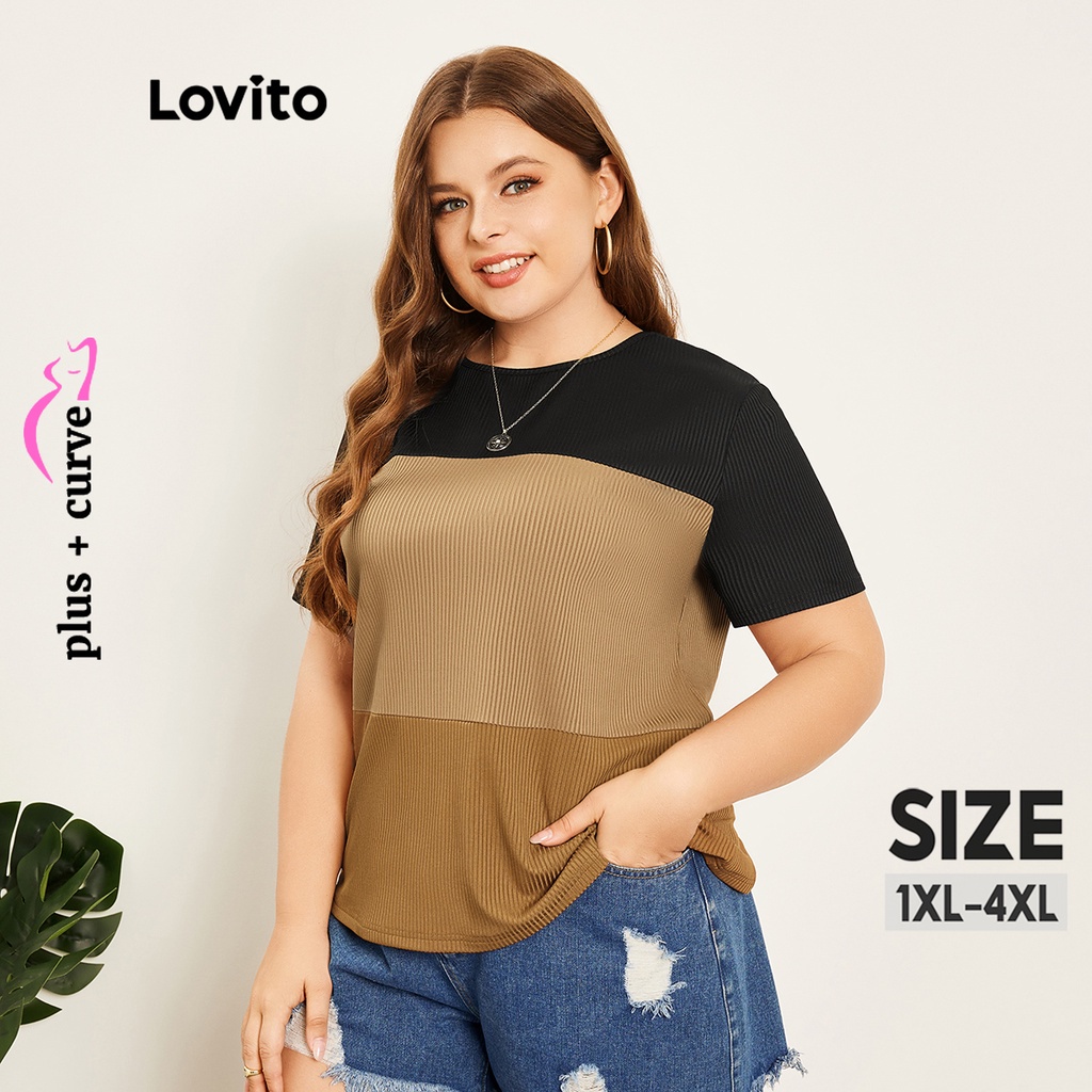 Lovito Plus Size Camiseta Feminina Curvas Casual Lisa Colorblock Com Patchwork LPS07088 (Multicor)