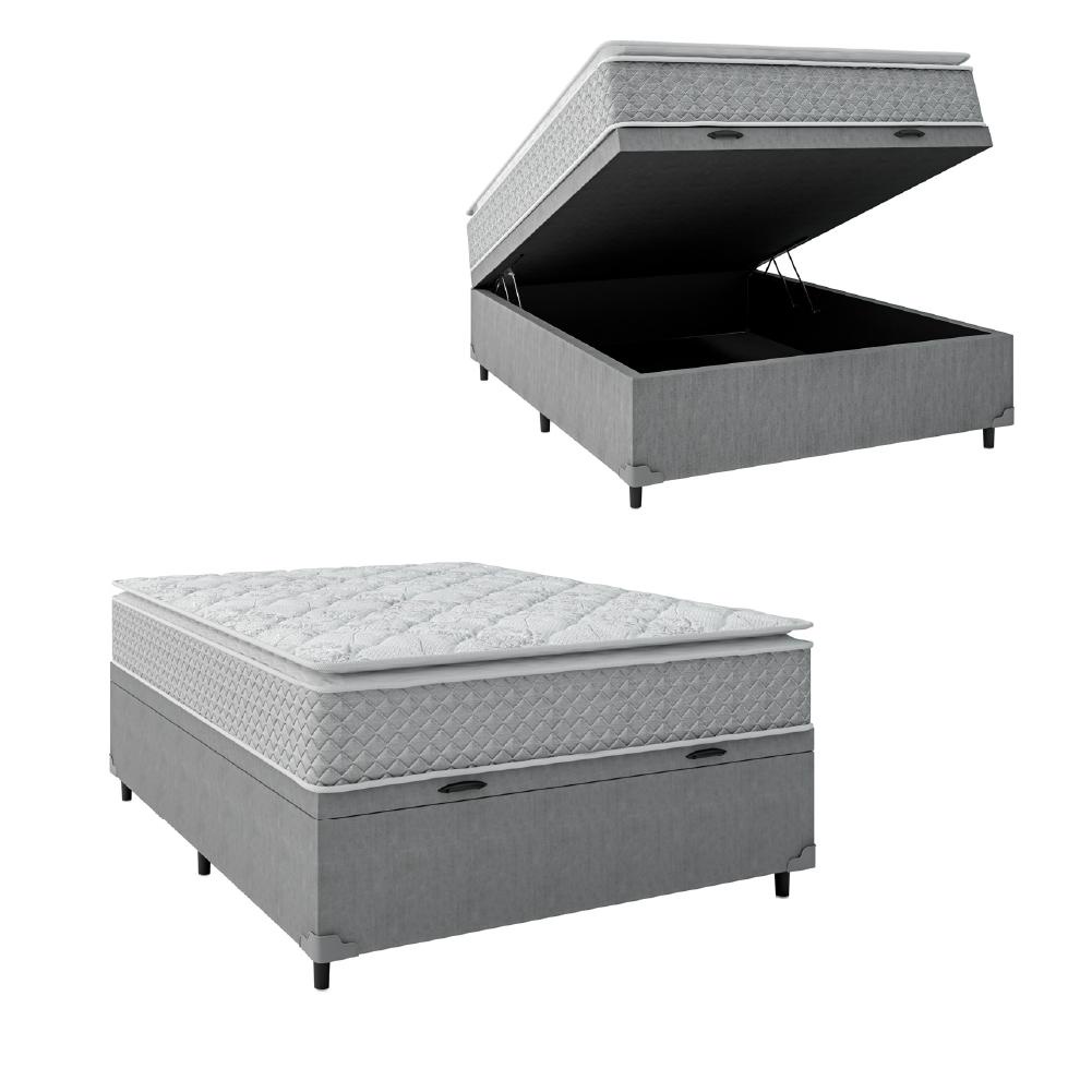 Cama Box Baú Casal Colchão Molas Ensacadas Pillow Top Perfect 138x188x74cm Cinza/Branco Umaflex - Su