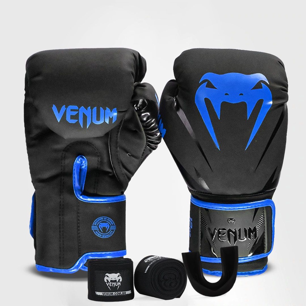 Kit Boxe Muay Thai Venum Luvas + Bandagens + Protetor Bucal New Impact Evo Azul em Oferta na Shopee
