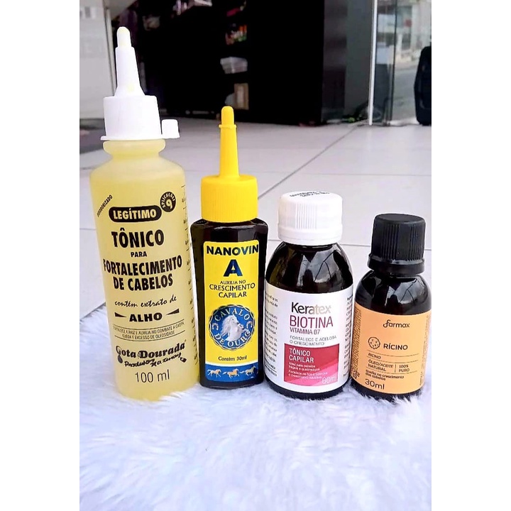 TÔNICOS CRESCIMENTO( 1 tônico de alho 100ml gota dourada+ 1 nanovin A 30ml+1 keratex biotina+ 1 óleo de ´rícino30ml)