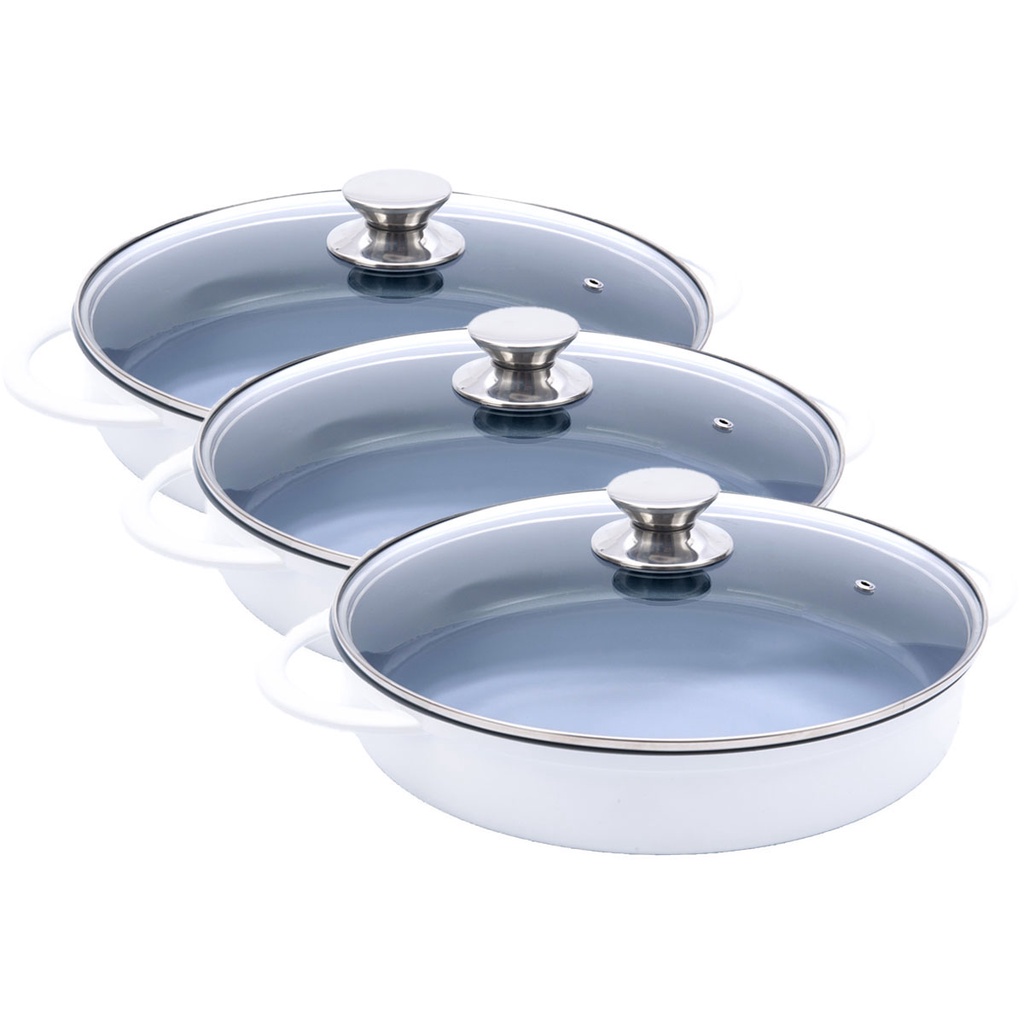 Kit Caçarola Baixa Hercules Indução Antiaderente Ceramico Tampa de Vidro Redonda Branca 30cm 3,5L + 3,5L + 3,5L