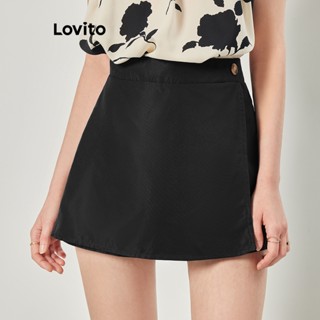 Lovito Casual Shorts Feminino Liso com Botão L68ED213 (Preto)