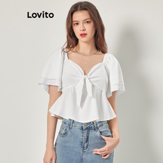 Lovito Casual Blusa Feminina Lisa com Laço Frontal e Babados L68ED245 (Branco)