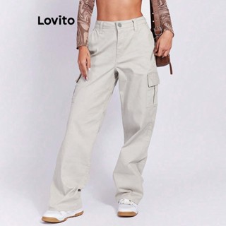 Lovito Casual Calça Feminina Lisa com Bolso Zíper e Botão LBL05192 (Cinza)