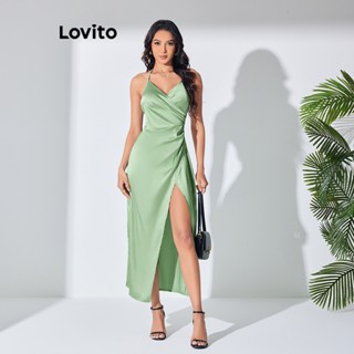 Lovito Vestido Elegante Plissado Com Frente Lisa E Dividida Para Mulheres LBL07196
