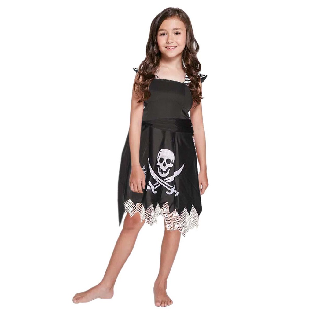 Fantasia Infantil Pirata Feminina Vestido Preto de Luxo com Caveira