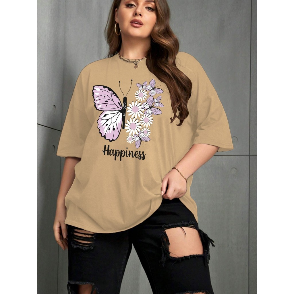 Camiseta Academia Moderna Champanhe Camisa Fitness Felicidade Borboletas Flores Blusa Oversized