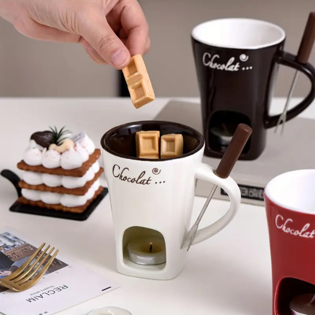 Mini Fondue Porcelana Caneca Casal Com 1 Garfo