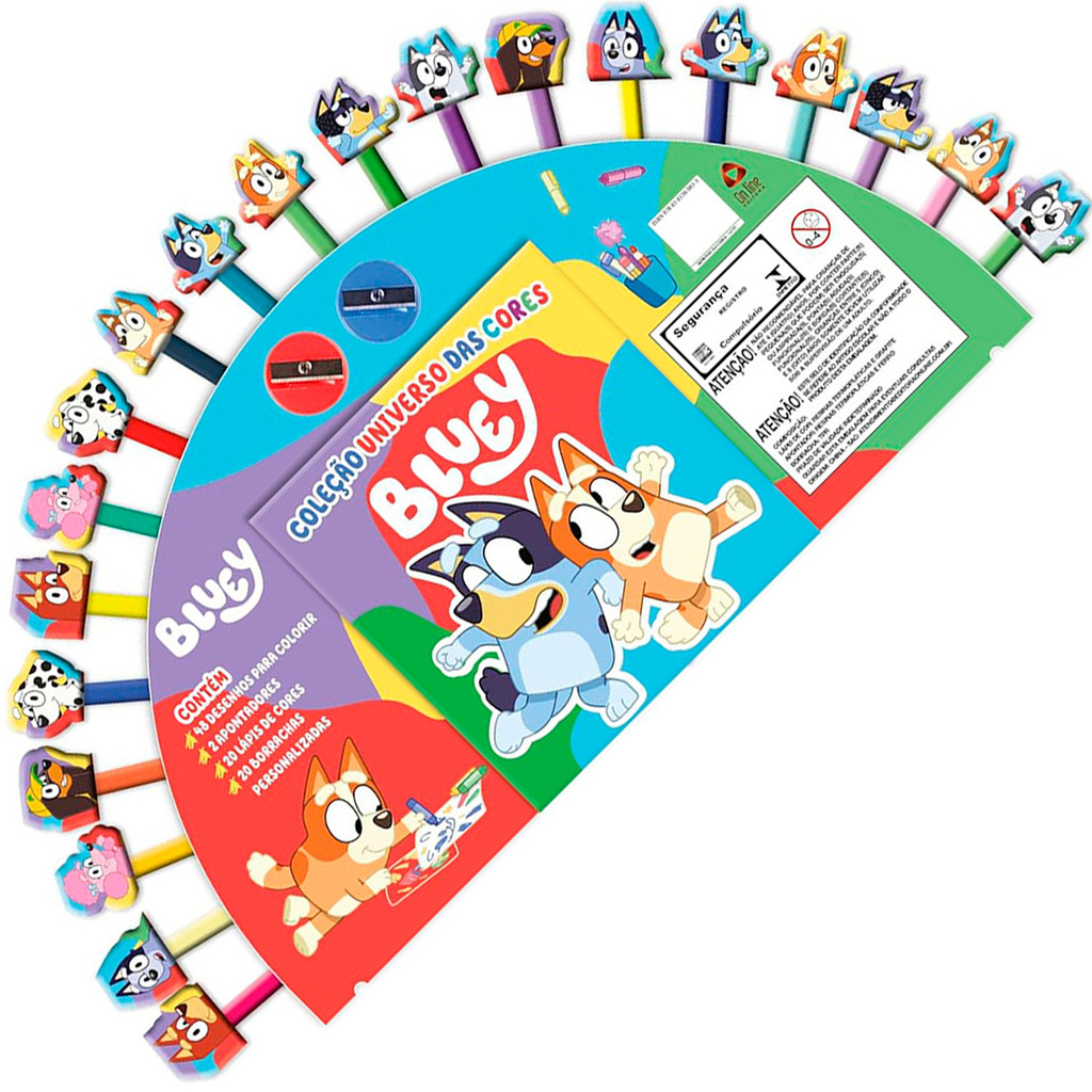 Livro Bluey de Colorir Universo das Cores com 2 Apontadores + 20 Lápis De Cores + 20 Borrachas | Online Editora