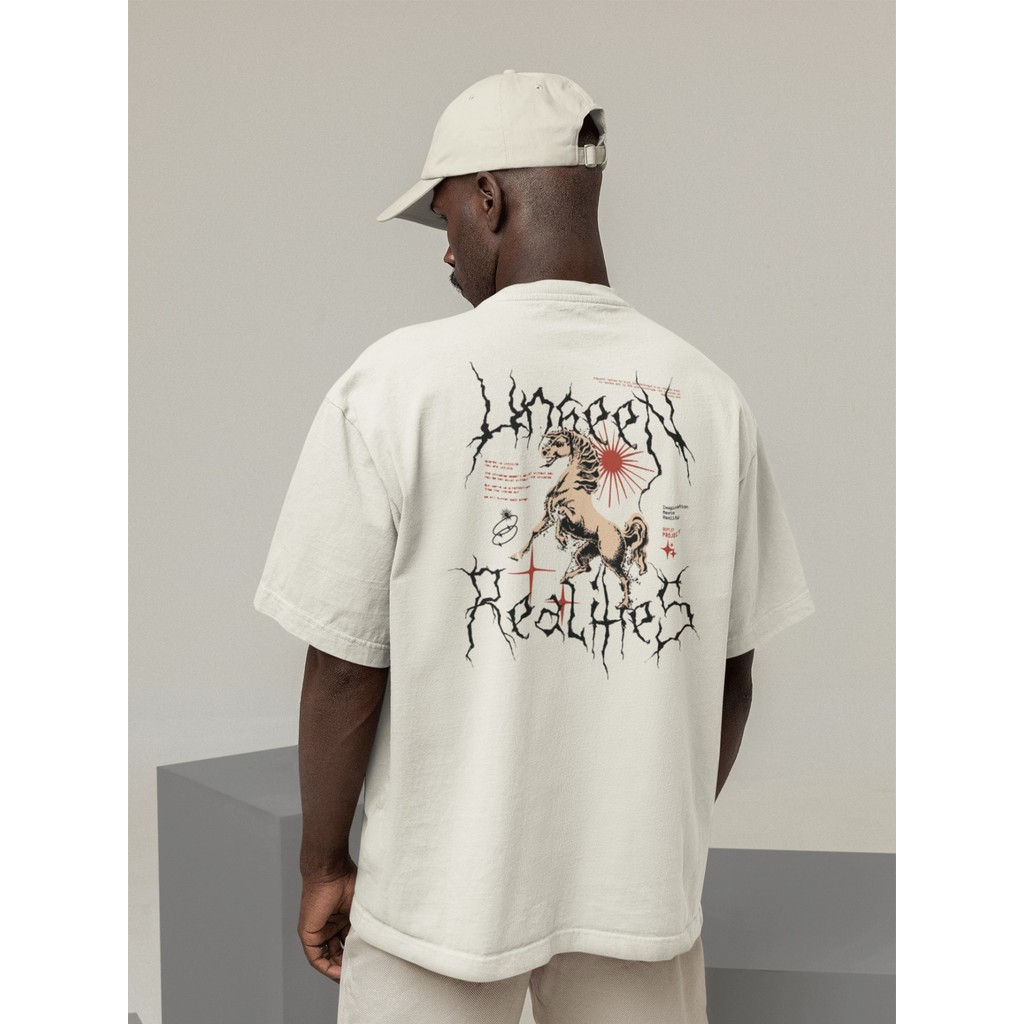Camisa Camiseta Oversized Gola Alta Streetwear Masculino e Feminino 100% Algodão Preto e Off Whte Estampado - ESTAMPADO