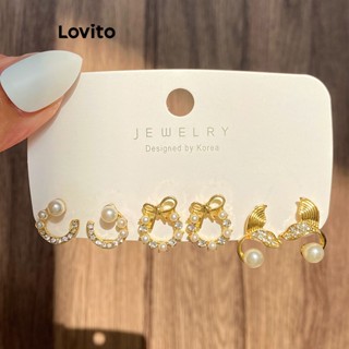 Lovito Casual Simples Brinco Feminino com Formato de Laço Perolado com Strass L63AD029 (Dourado)