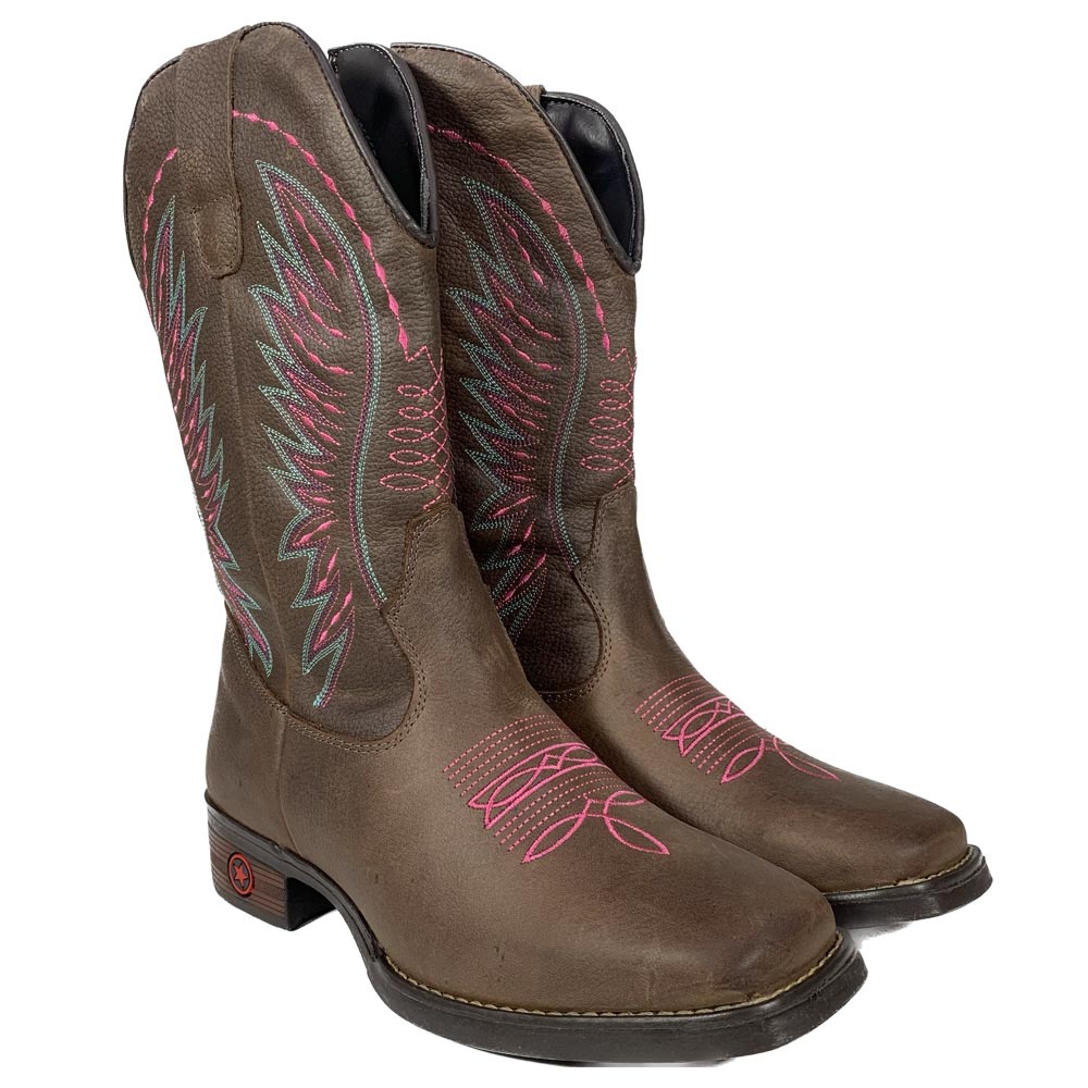 Bota Country Feminina Texana Bico Quadrado Marrom Oklahoma Country