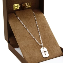 Corrente de prata 925 Masculina malha cartier elo alongado 60cm pingente placa cruz vazada