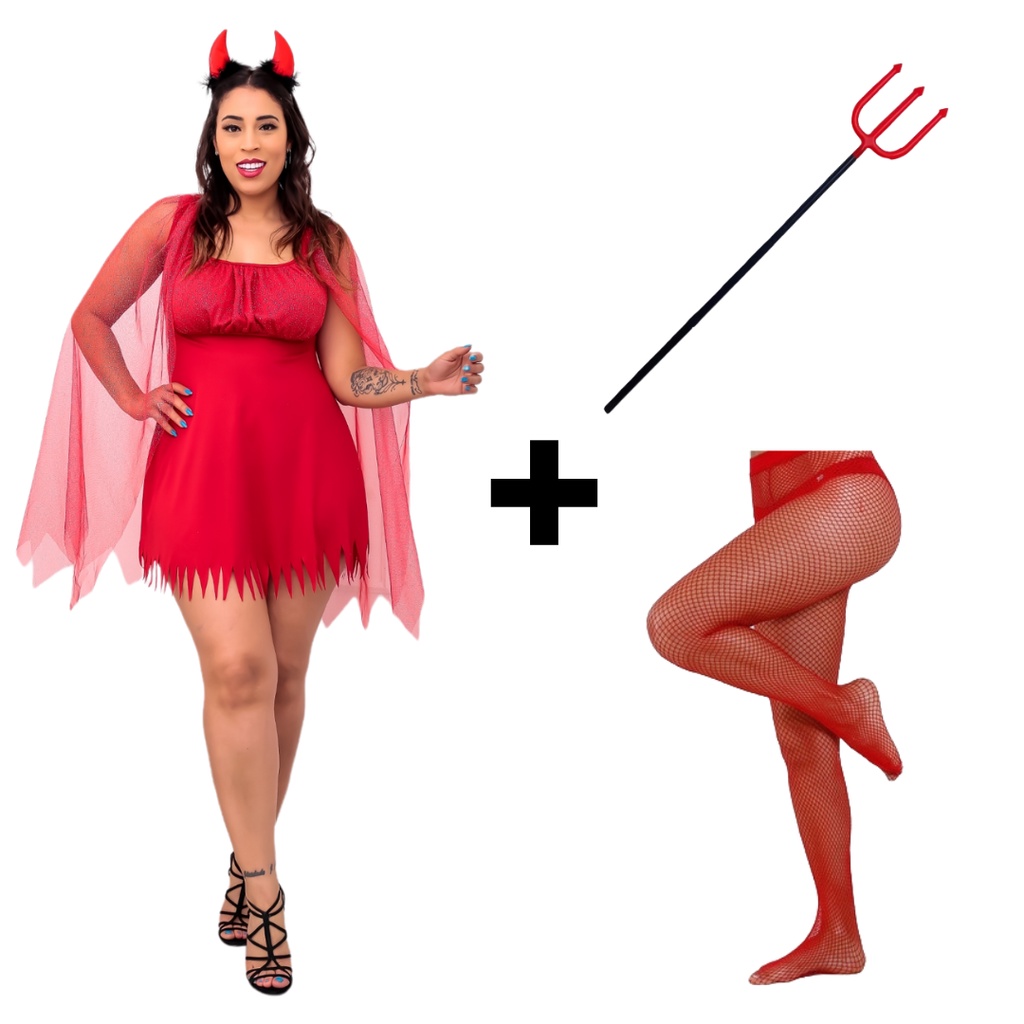 Fantasia Diabinha Adulto Completa Tiara Com Chifre Tridente Vestido Diaba Capetinha Halloween Dia das Bruxas Terror