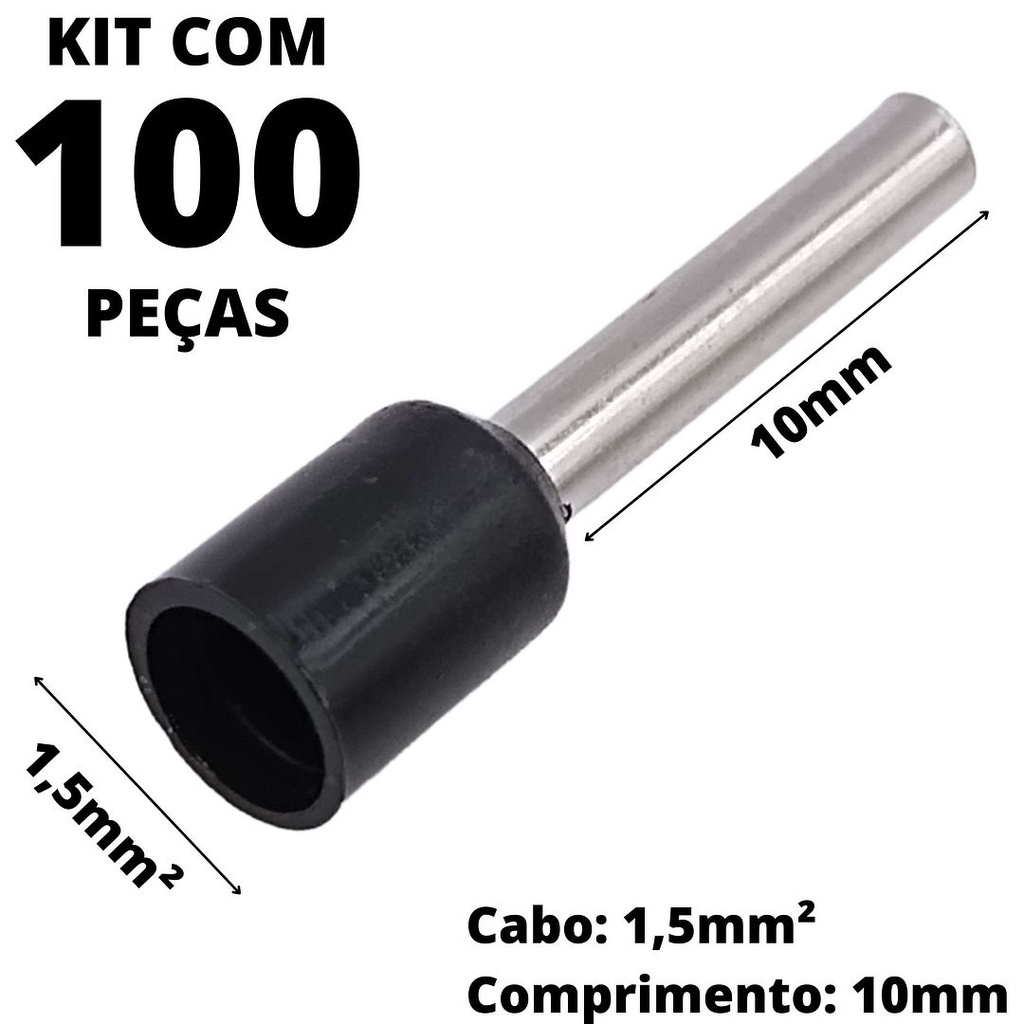 100un Terminal Tubular Ilhós Pré-isolado Simples Para Cabo de 1,5mm² Metal 10mm Preto E1510