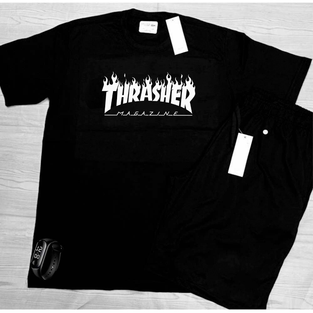 Kit Verão Bermuda Camiseta Algodão Tumblr Thrasher e Relogio Digital