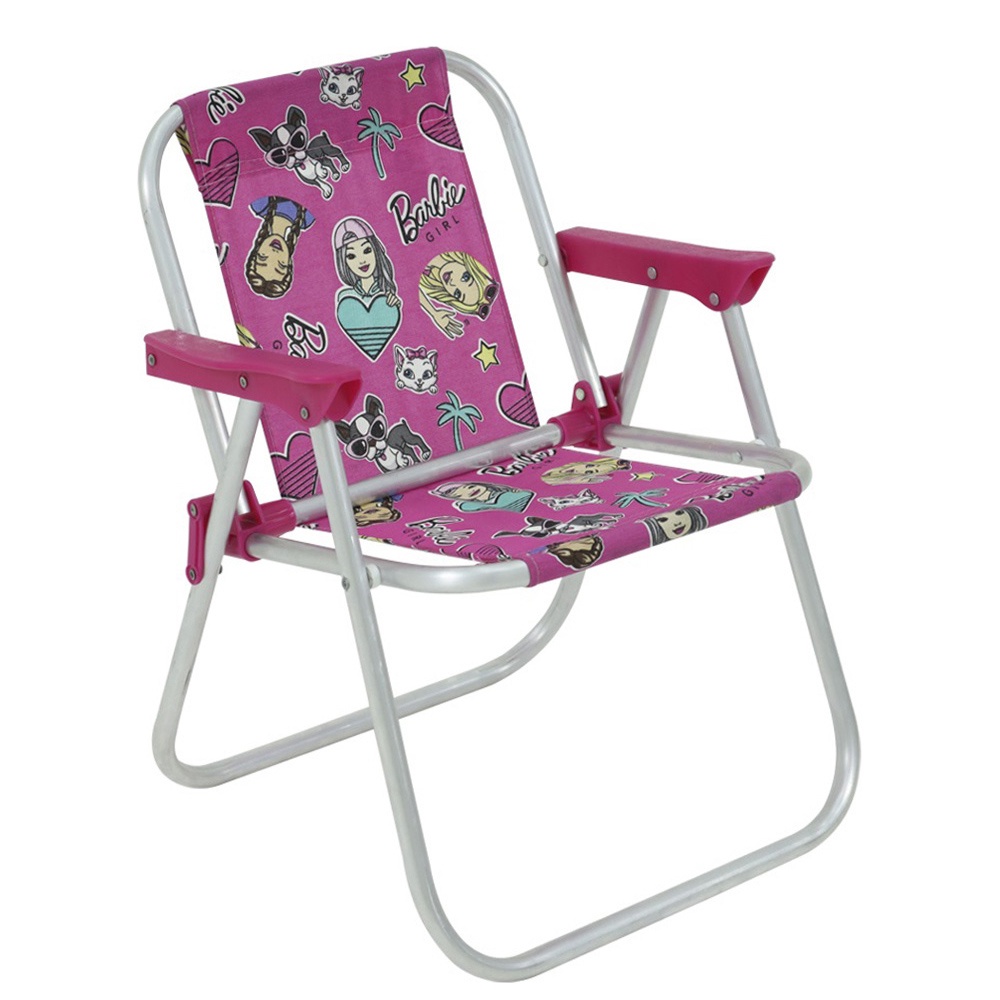 Cadeira de Praia Infantil Rosa Decorada Barbie Dobrável Alumínio Até 30kg Belfix