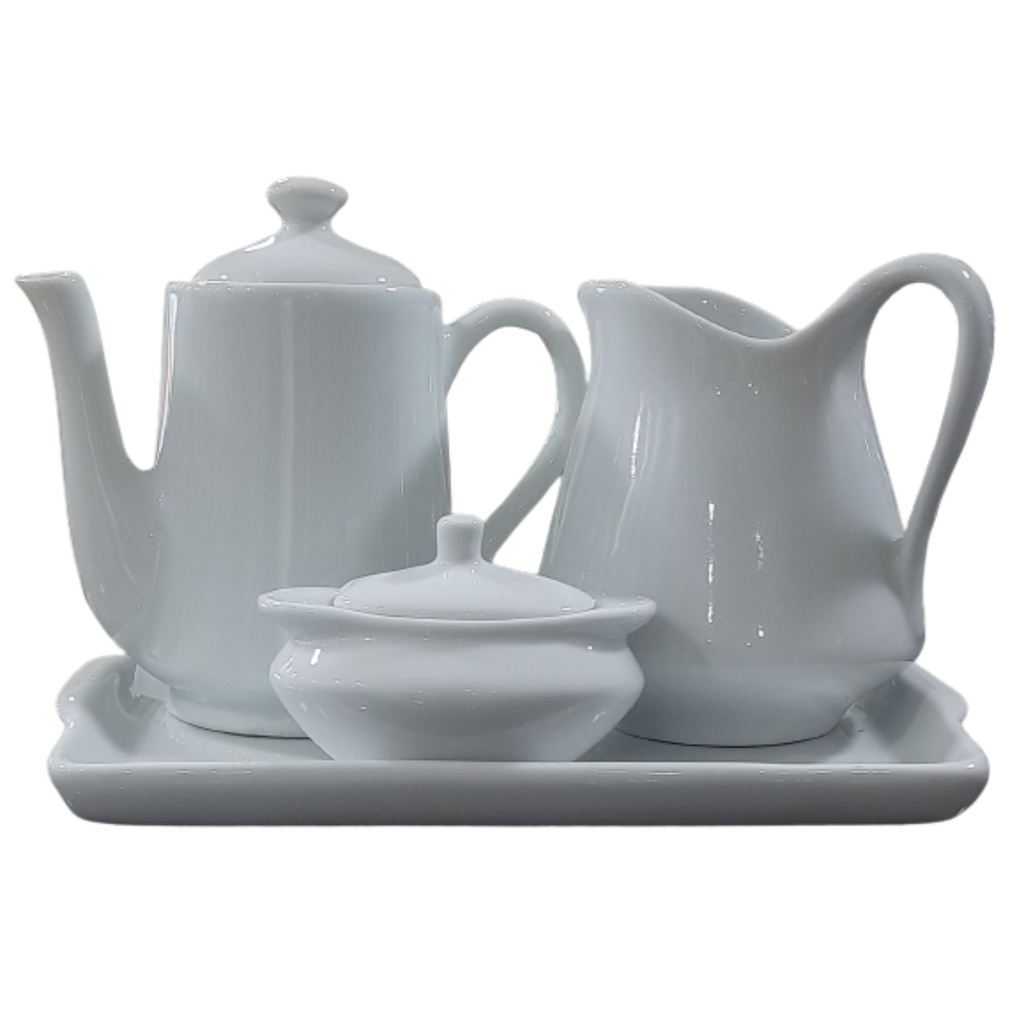 Jogo Café e Chá Mesa Posta, Bandeja + Bule Bico Longo 550ml + Açucareiro100ml + Jarra Leiteira 700ml - Kit Porcelana