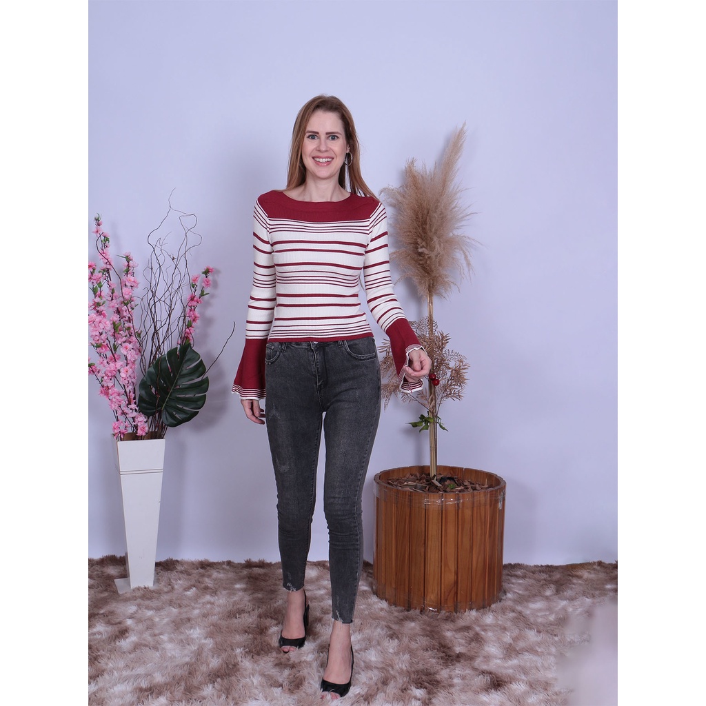 Blusa feminina Elegante cola redonda  enfeite com manga longa  poliéster renda elastano blusa primavera