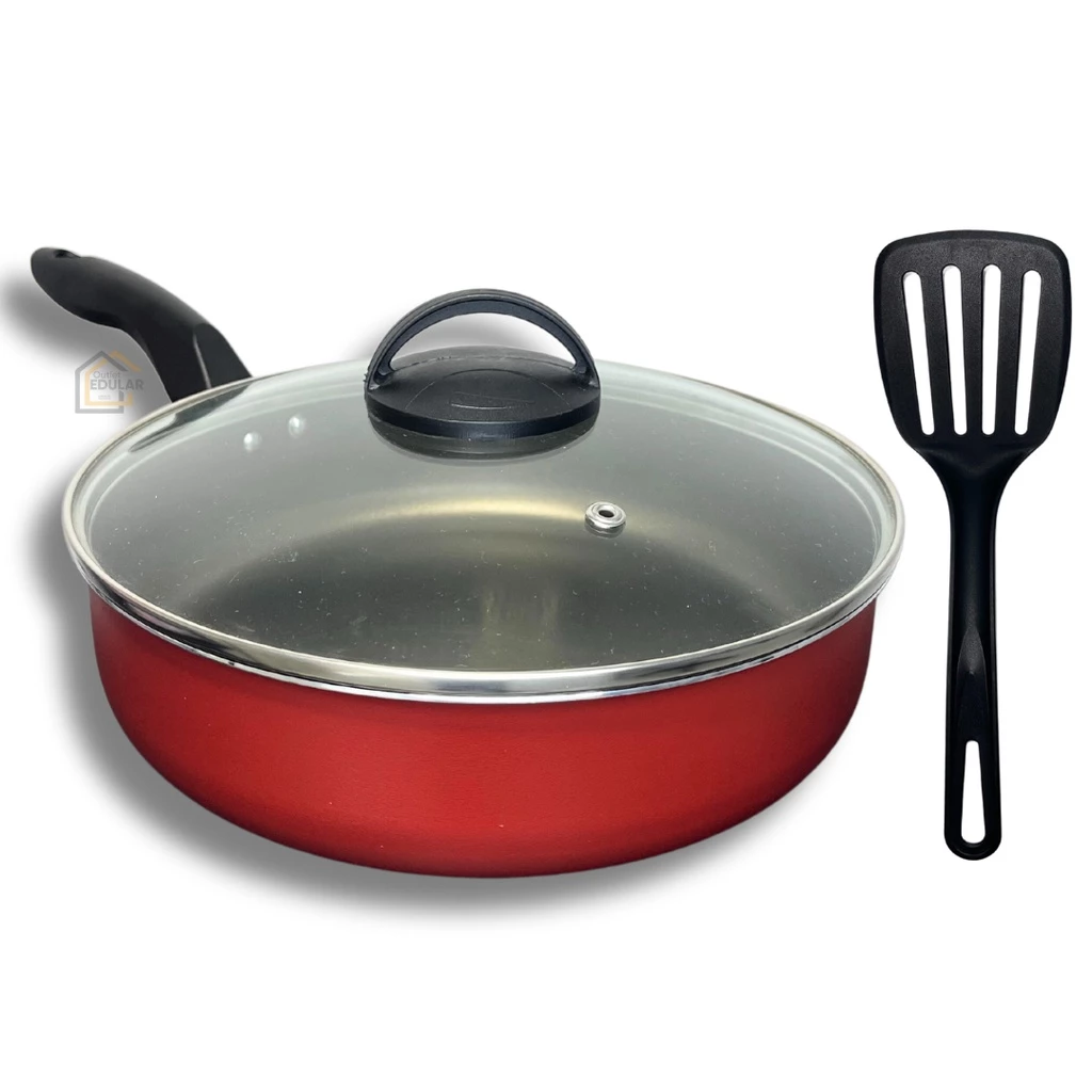 Frigideira 22 cm Antiaderente Teflon com Tampa de Vidro Cor Vermelho