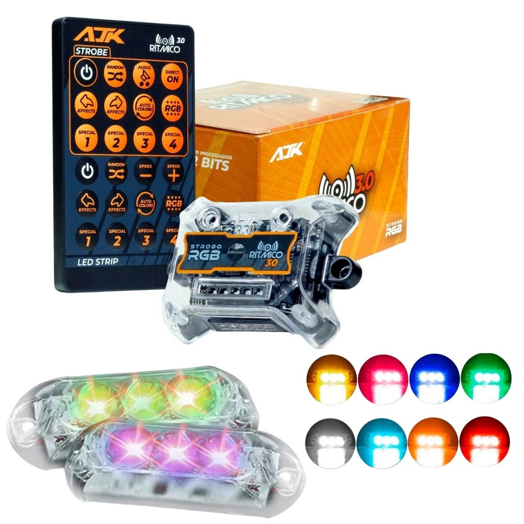 Kit Strobo AJK RGB Rítmico 3.0 + 2 Faróis 6W em Oferta na Shopee