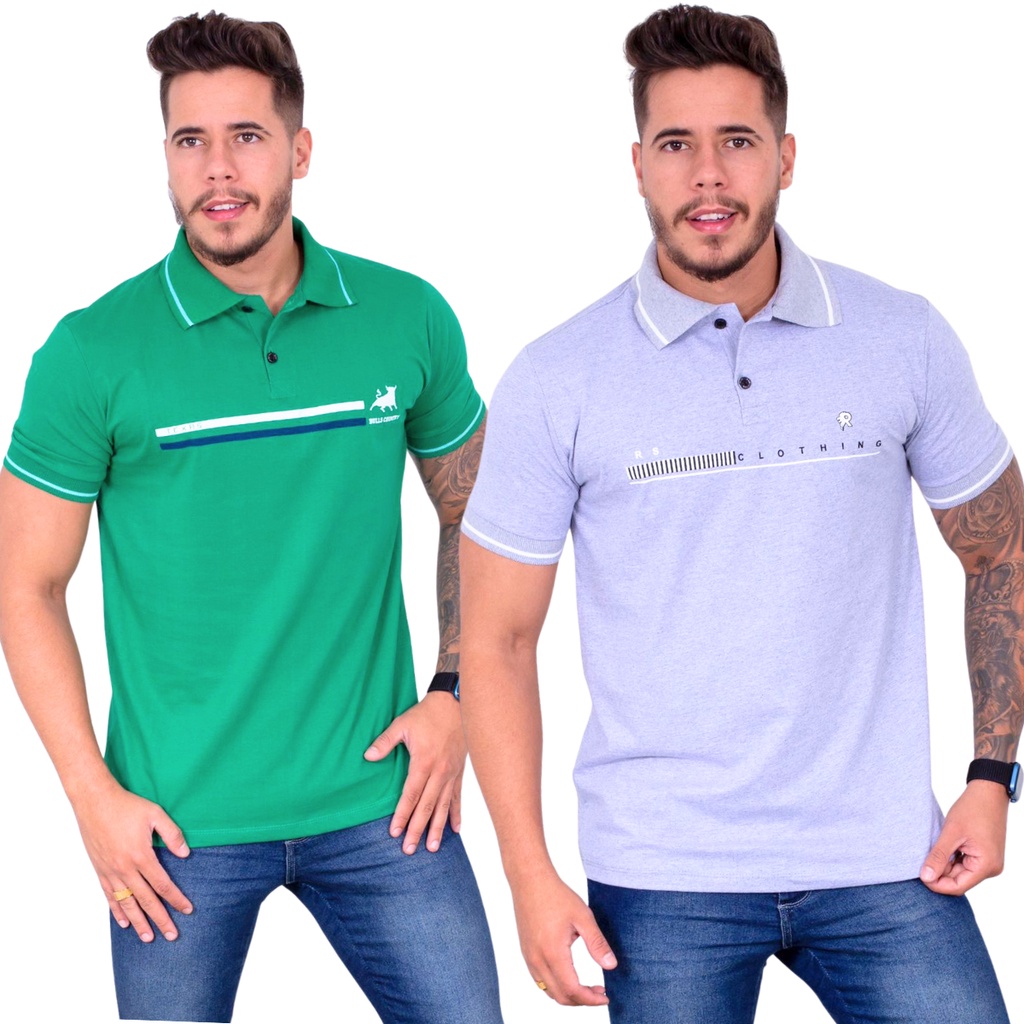 Kit com 2 Camisas Polo Masculina Algodão Silkada Casual Básica ( Cores Variadas )