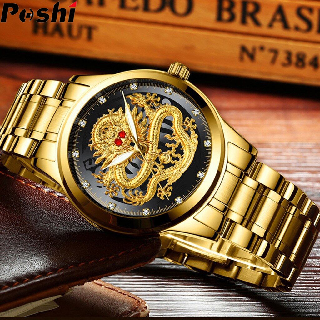 Relógio De Pulso De Quartzo POSHI Luxury Gold Para Homens Original Hot on Sale À Prova D'água Com Mostrador De Dragão Luminoso De Aço Inoxidável