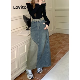 Lovito Casual Saia Feminina Lisa com Costura no Tecido LNA26207 (Azul)