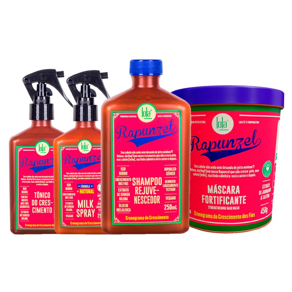 Kit Lola Cosmetics Rapunzel - Tônico Capilar 250ml e Milk Leave-in Spray 250ml e Máscara 450g e  Shampoo 250ml - Beauty
