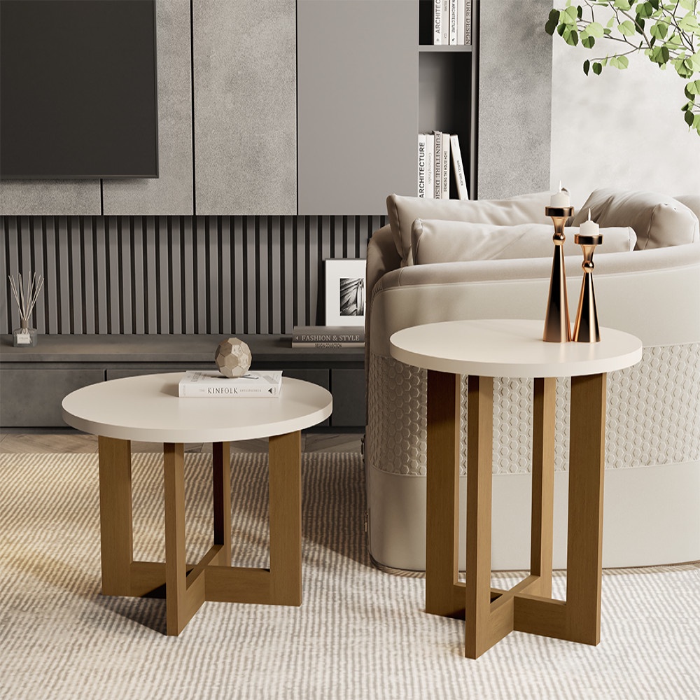 Conjunto Mesa Centro e Mesa Lateral JB Bechara Perola Nature - Home & Living