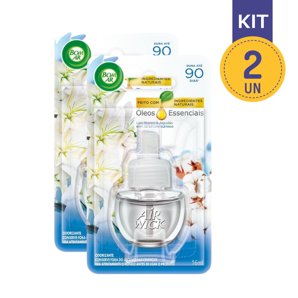 Kit com 2 Refil 16ml Difusor Elétrico Bom Ar Lirio Branco e Algodão - Home & Living
